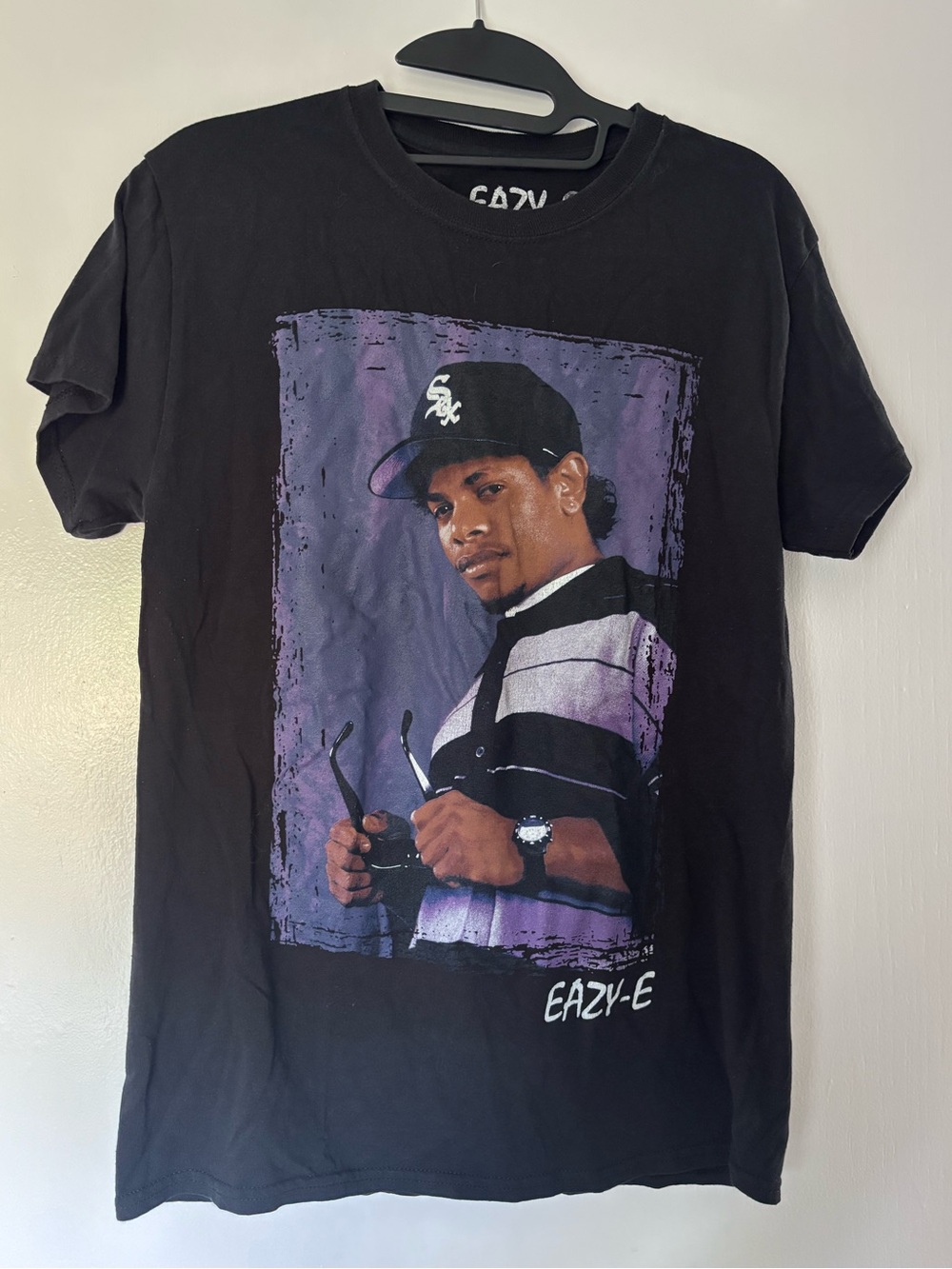 Eazy-E Black Graphic Short Sleeve Tee with Purple Portrait Print